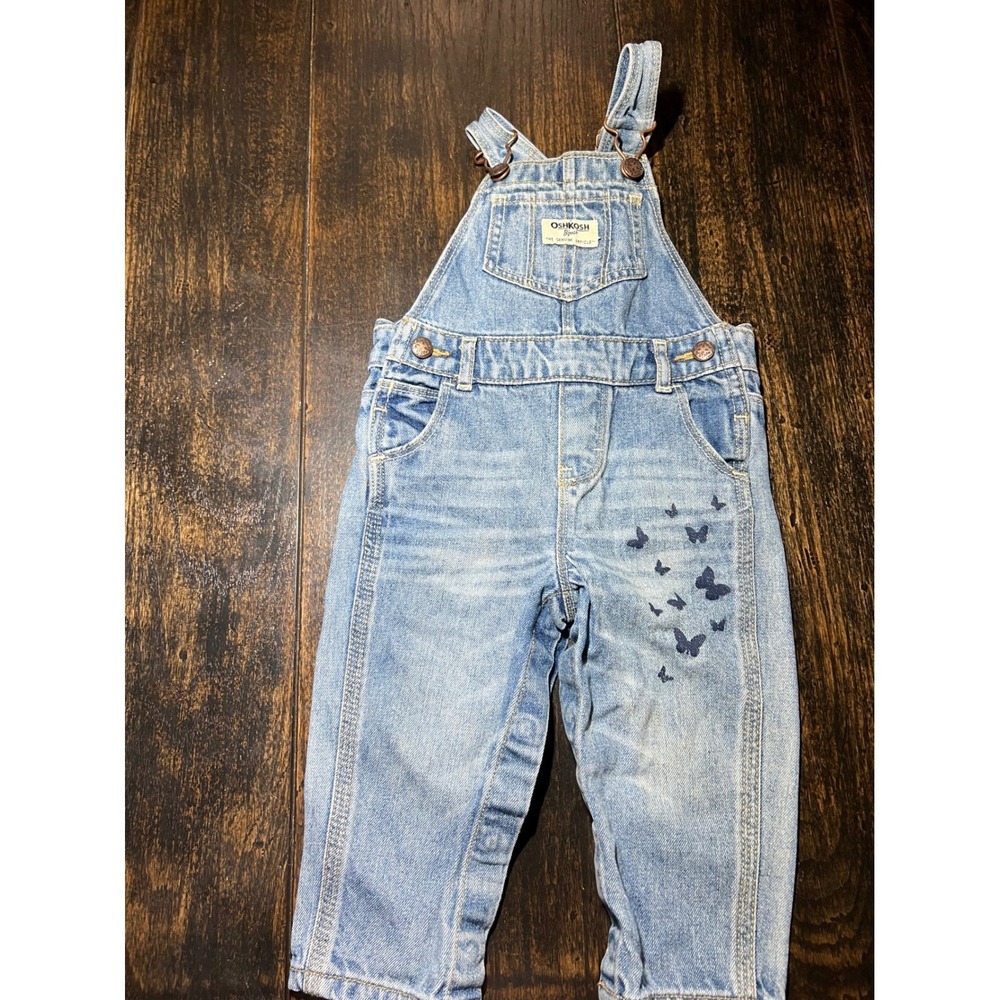 OshKosh Bgosh Baby Girls 12M Denim Overalls Butterfly Print Light Wash Vestbak